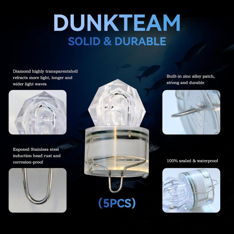 DunkTeam 5PCS Diamond LED Fishing Lights，Deep Drop Fishing Lures，Water-Activated Fishing Attractants Light for Saltwater Freshwater - Image 3